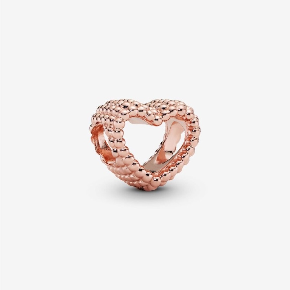 Beaded Open Heart Charm Rose Gold